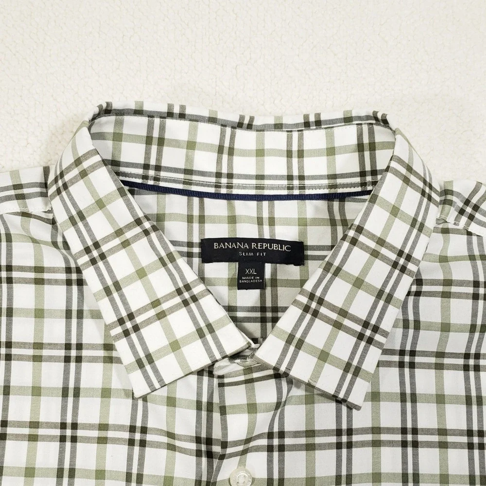 Banana Republic Button Up Shirt Men XXL Green Plaid Slim Fit Cotton Long Sleeve